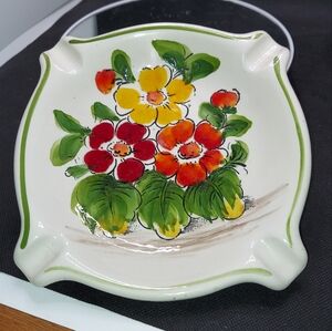 Large Vintage Hand Painted Ceramic Floral Ashtray Made In BRAZIL Trinket Dish